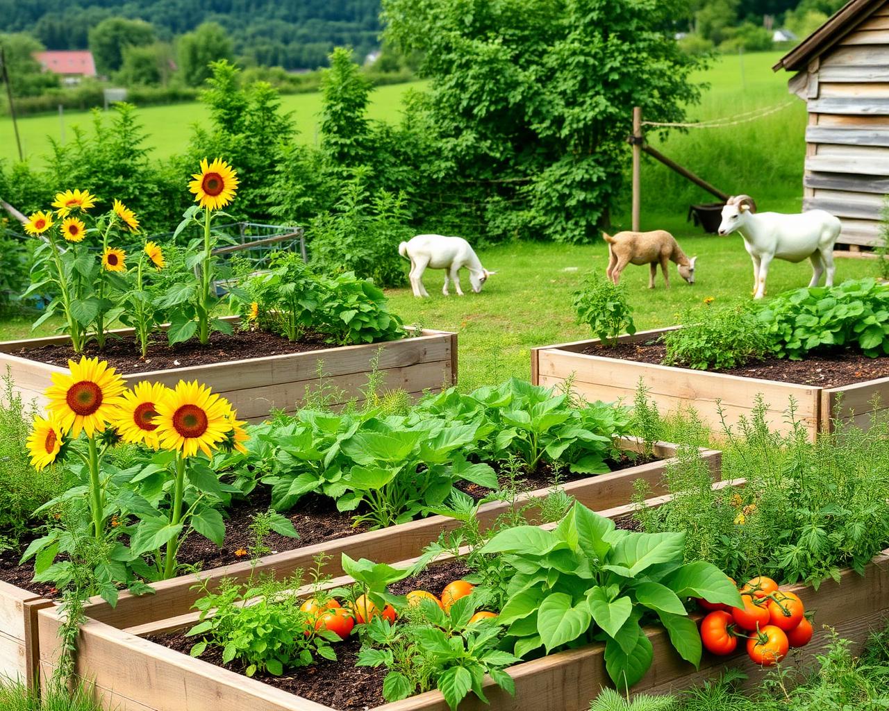Jardin en permaculture, buttes potagères, tournesols et chèvres au pâturage